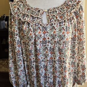 Max Edition Floral Ruffle-Neck Blouse in Cream, Orange & Green